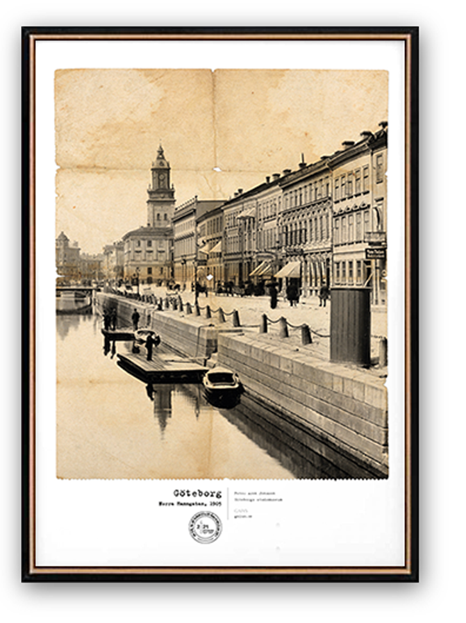 Göteborgsposters med 4 olika historiska motiv - Norra Hamgatan, Sprängkullsgatan, Stigbergstorget och Rosenlundsbron